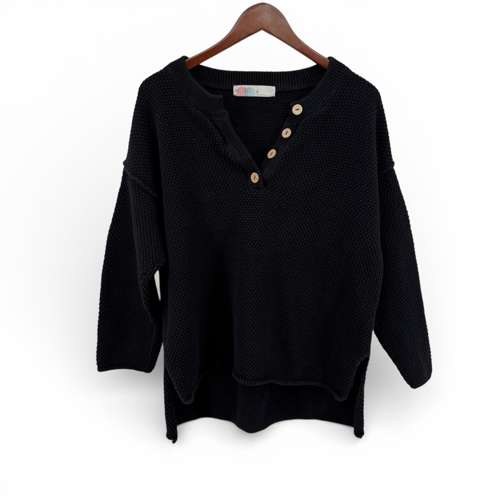 FP Beach Hailee Sweater S Black Waffle Knit Oversized Henley Model Off Duty Boho